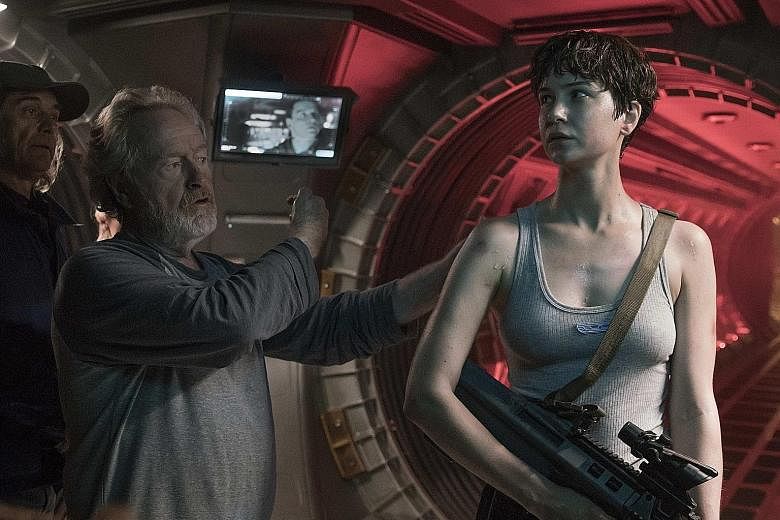 Director Ridley Scott with Katherine Waterston, who plays crew member Daniels in Alien: Covenant.