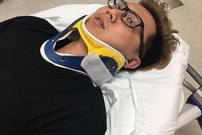 Mr Alex Chang was taken to hospital with neck pain and glass in his throat after a chair fell from above and hit the windscreen of his car along the CTE early on Monday morning.