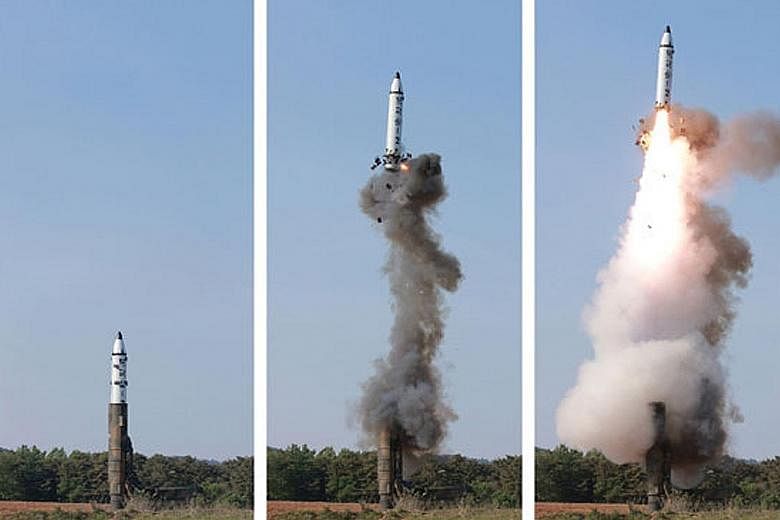 Pictures of the missile launch released by North Korean newspaper Rodong Sinmun. The North's official Korean Central News Agency quoted North Korean leader Kim Jong Un as saying that the Pukguksong-2 met technical specifications and should now be mas