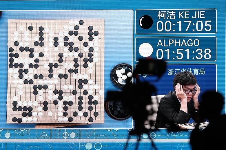 Top Go player Ke Jie was no match for Google's AlphaGo in their first encounter in the three-game series held in Wuzhen, China, yesterday.