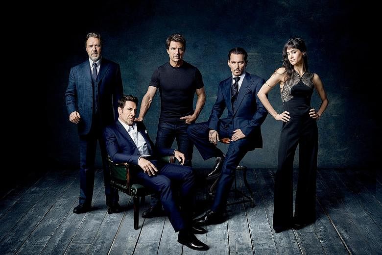Stars of the upcoming Dark Universe films include (from left) Russell Crowe, Javier Bardem, Tom Cruise, Johnny Depp and Sofia Boutella.