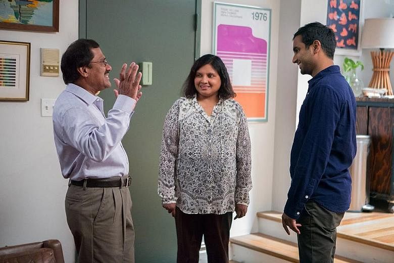 Aziz Ansari (right) and his real-life and TV parents, Shoukath and Fatima, in Master Of None.