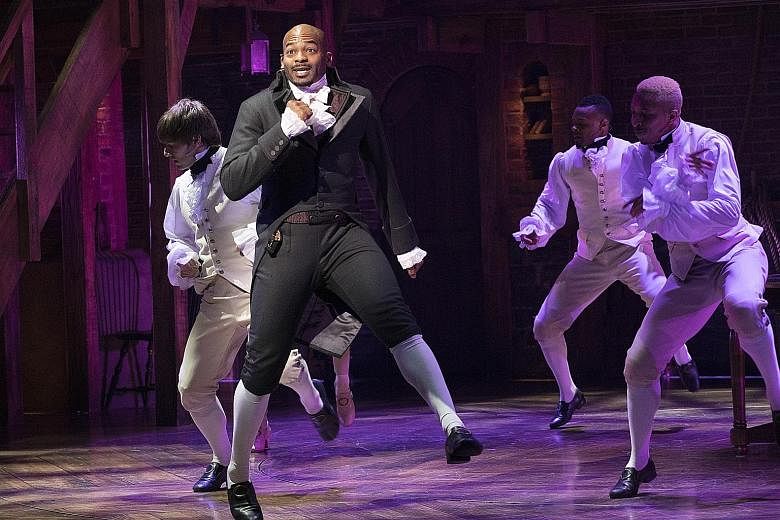 Brandon Victor Dixon (in black) in the musical Hamilton at the Richard Rodgers Theatre in New York.