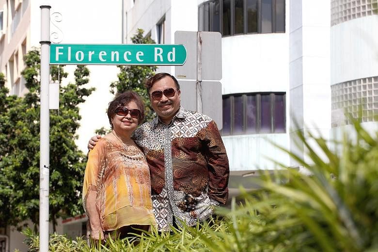 Above: Retired teacher Lilian Lim, with her son Desmond Sim, in the road named after her grandmother Florence Yeo. The late Madam Yeo was married to bee hoon king Lim Ah Pin (both below, inset), who built bungalows in the Upper Serangoon area. Below 