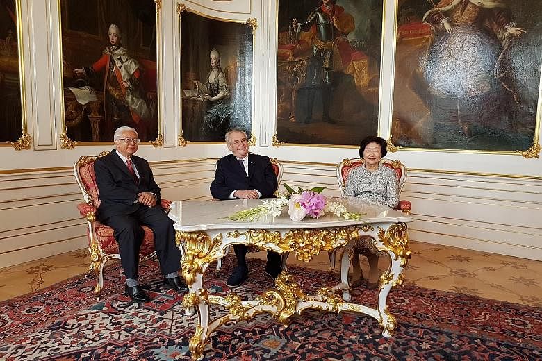 Singapore President Tony Tan Keng Yam, Czech President Milos Zeman and Mrs Mary Tan at Prague Castle yesterday. Dr Tan said Singaporeans are very familiar with the shoe brand Bata but few know it is named after a Czech, Mr Tomas Bata (above).
