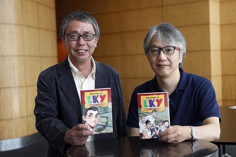 Author Yoshio Nabeta (top) and illustrator Toshiki Takii yesterday released a double-volume comic book on the life of Mr Lee Kuan Yew.