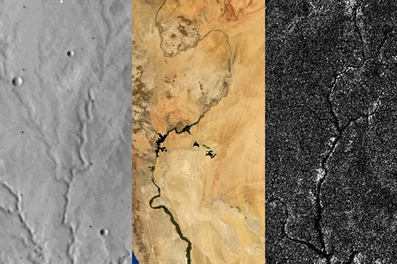 These are river networks on Mars, Earth and Titan. From top to bottom, the images span 100km on Mars, 2,000km on Earth and 400km on Titan. The surfaces of Earth, Mars and Titan, Saturn's largest moon, have all been scoured by rivers. Yet despite the 