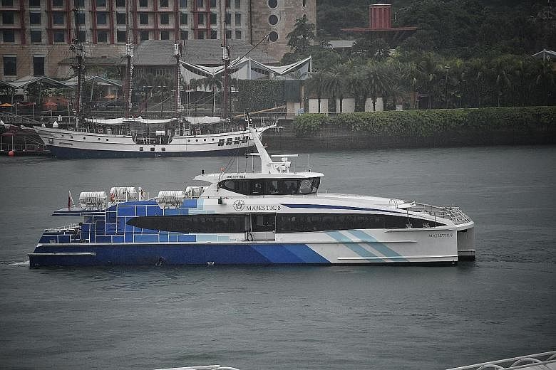 A Majestic Fast Ferry vessel leaving HarbourFront ferry terminal. Changi Airport's tie-up with the firm involves ferries shuttling between Batam Centre and Tanah Merah terminals, and buses from the terminal to the airport.
