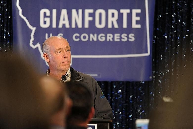 Mr Greg Gianforte delivering his victory speech on Thursday. His win is a boost for Republicans, who are worried that President Trump's political stumbles and the unpopularity of the healthcare Bill passed by the House will hurt their chances of hold