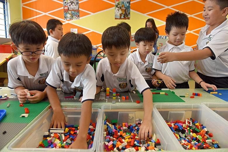 Shane Pan built a magnetic rubber-band gun in about four hours using mostly household objects, such as plastic tubs, clothes pegs and fridge magnets. Primary 1 Montfort Junior pupils enjoying their time in the school's Lego Room. It is part of the sc