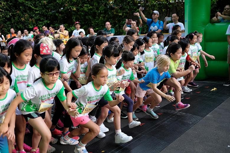 The Cold Storage Kids Run pulled out all the stops this year, celebrating its 10th anniversary at Sentosa for the first time. One of nine events was the 800m boogey banana sprint race for girls 7-8 years old. This year's event drew a crowd of 9,000.