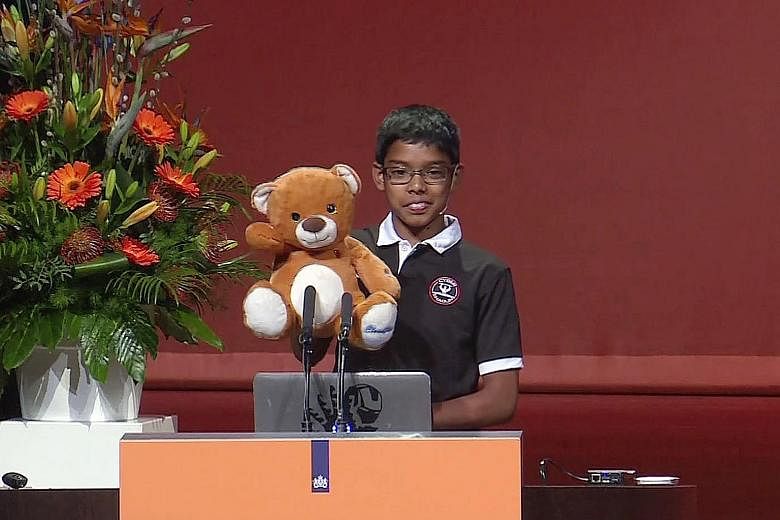 Reuben Paul, 11, a sixth-grader from Austin, Texas, during his presentation at the World Forum in the Netherlands, touched on how smart devices, such as his own teddy bear, could be compromised by hackers.