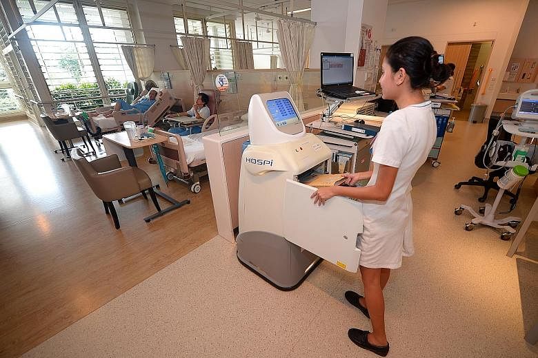 At Changi General Hospital, a robot called Hospi has been used as a porter as part of IT innovations in the healthcare sector, under the Health IT Masterplan. The National Electronic Health Records database - where a person's medical records are shar