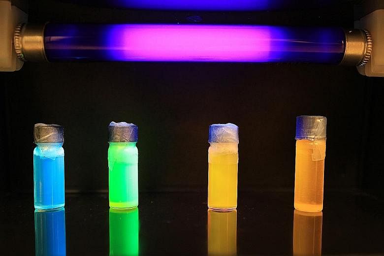 NTU scientists have discovered that other than absorbing energy for conversion into electricity, perovskite nanoparticles could also emit light in different colours, shown above. This allows for the potential application where a perovskite screen cou