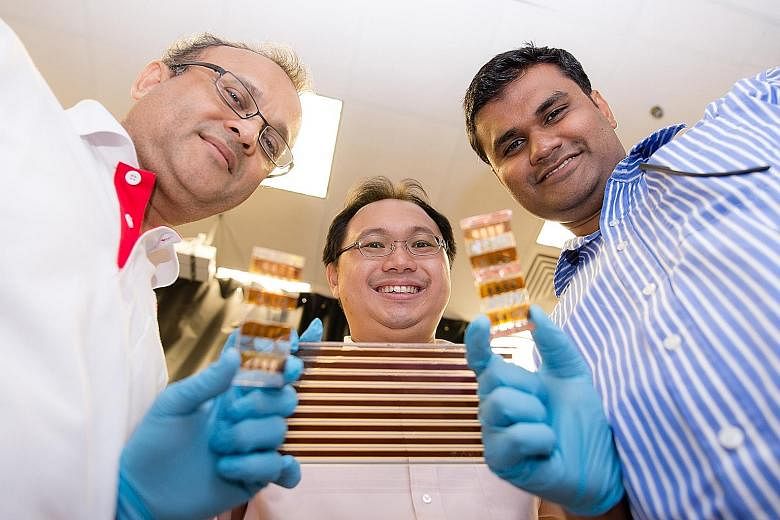 (From left) NTU's Energy Research Institute executive director Subodh Mhaisalkar with Associate Professor Sum Tze Chien and Assistant Professor Nripan Mathews. The trio are part of a team of scientists studying perovskites, which could be used in mak