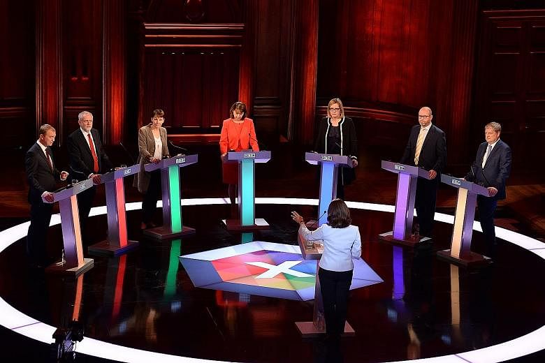 (From left) Liberal Democrats leader Tim Farron, Labour leader Jeremy Corbyn, Green Party co-leader Caroline Lucas, Plaid Cymru leader Leanne Wood, Home Secretary Amber Rudd, UK Independence Party leader Paul Nuttall and Scottish National Party deput