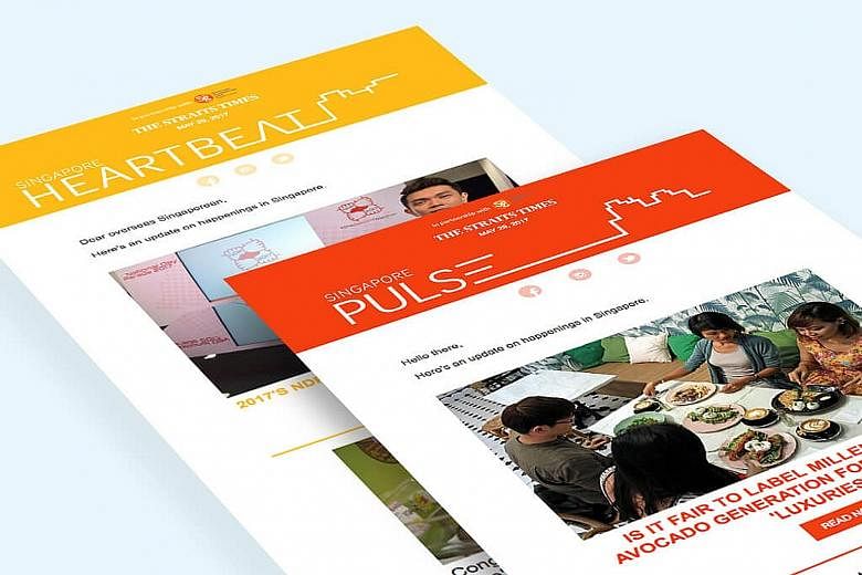 The Singapore Heartbeat newsletter is aimed at professionals, while Singapore Pulse will reach out to overseas students. The free monthly e-zines will be sent to all Singaporeans abroad who are registered with the Overseas Singaporean Unit.