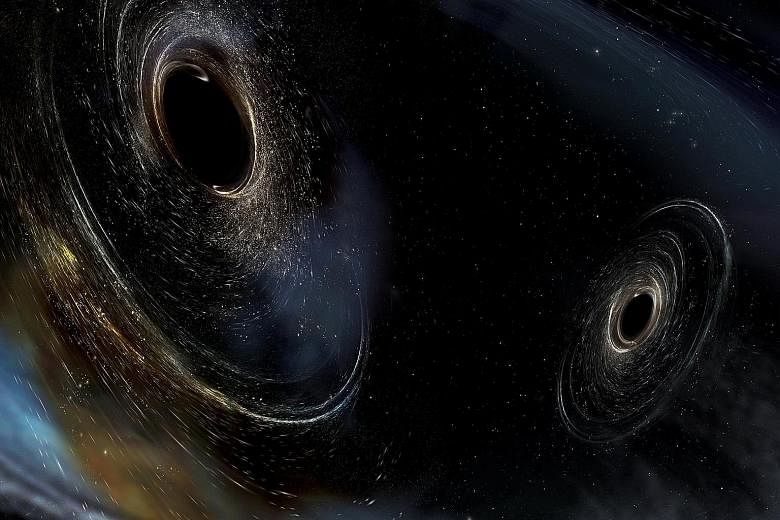 An artist's rendering showing two merging black holes similar to those detected by Ligo. In the latest event, a black hole 19 times the mass of the sun and another one 31 times the sun's mass, married to make a single hole.