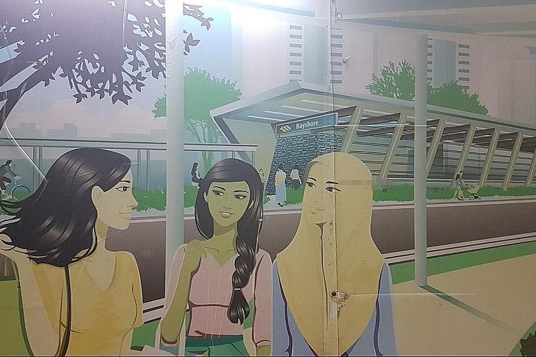 The illustration of a Muslim woman in a hijab is part of the artwork decorating a hoarding at the site of the upcoming Marine Parade MRT station.