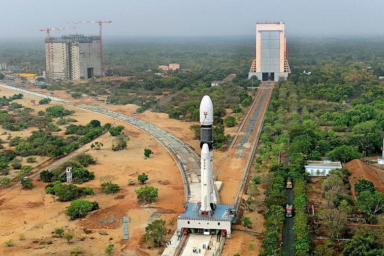 A panoramic view of the GSLV Mark-III rocket being moved to its launch pad.