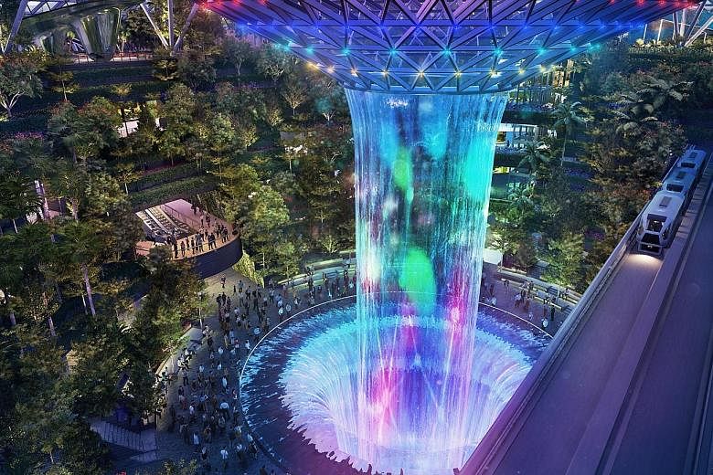 The Rain Vortex, which will transform into a light-and-sound show, is one of the features at Jewel, which opens in early 2019. Jewel Changi Airport's Topiary Walk, where animal-shaped topiaries will add an element of surprise for visitors.