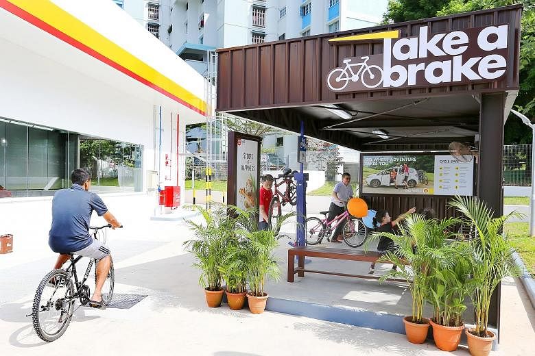 The revamped Shell station in Tampines Avenue 2 has a designated bay where cyclists can park their bicycles and do minor repairs. The location and large size of the station, and the active cycling community in Tampines were the key factors that promp