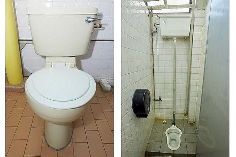 The 9-litre flush toilets (right) in old HDB flats use twice as much water as new models. These toilets were phased out in 1992.