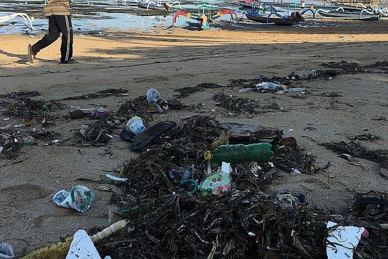 Plastic bottles, containers and other debris washed up on Sanur beach in Bali, Indonesia. About eight million tonnes of plastics are said to enter the world's oceans every year, clogging reefs and coastlines, and killing marine life.