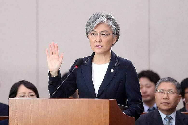 Ms Kang Kyung Wha, South Korea's foreign minister nominee, taking an oath at her confirmation hearing on Wednesday.
