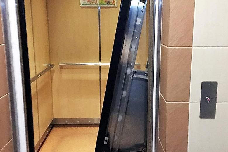 A 10-year-old girl was sent to hospital after a ceiling panel in a Sengkang HDB lift fell on her. Left: Residents were trapped in a Geylang Bahru HDB lift for 30 minutes when its doors refused to open on reaching the ground floor.