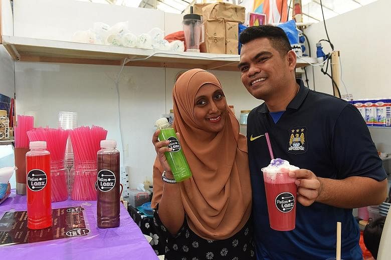 Ms Nur Nishah and her husband Muhammad Haszrin. Potion Labz sells colourful drinks as well as doughnuts with ice cream.