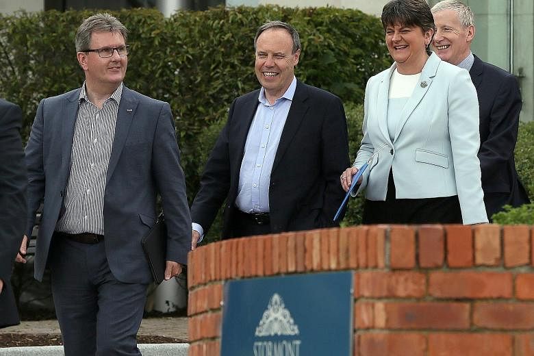 From left: Democratic Unionist Party MP Jeffrey Donaldson, deputy leader Nigel Dodds, party leader Arlene Foster and DUP MP Gregory Campbell in Belfast last Friday. A partnership between the Conservatives and the DUP may threaten the ability of the B