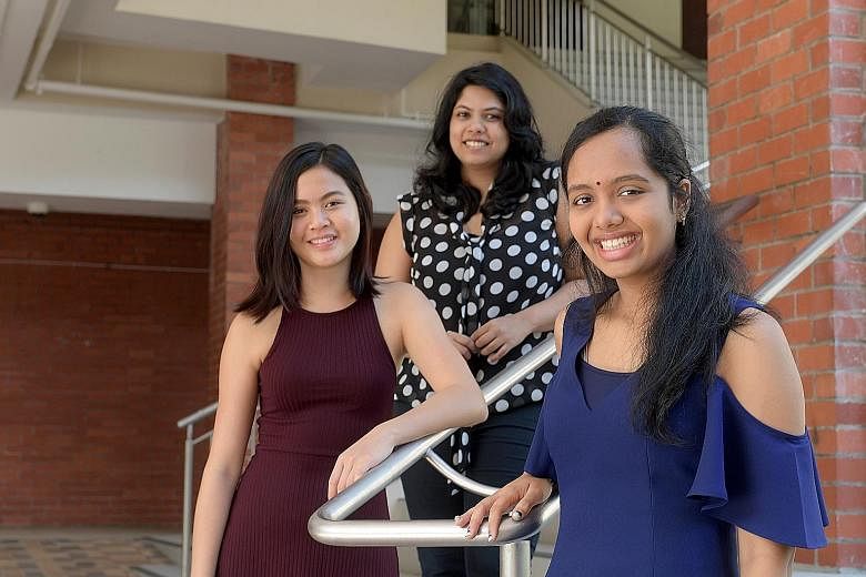One of the students' mentors, BSE astropreneur and engineer Priyadarshini Majumdar, 24, is flanked by group members Jaclyn Chan and Sunita Srivatsan, both 17. The group's project was successfully carried to space on June 4. The spacecraft arrived las