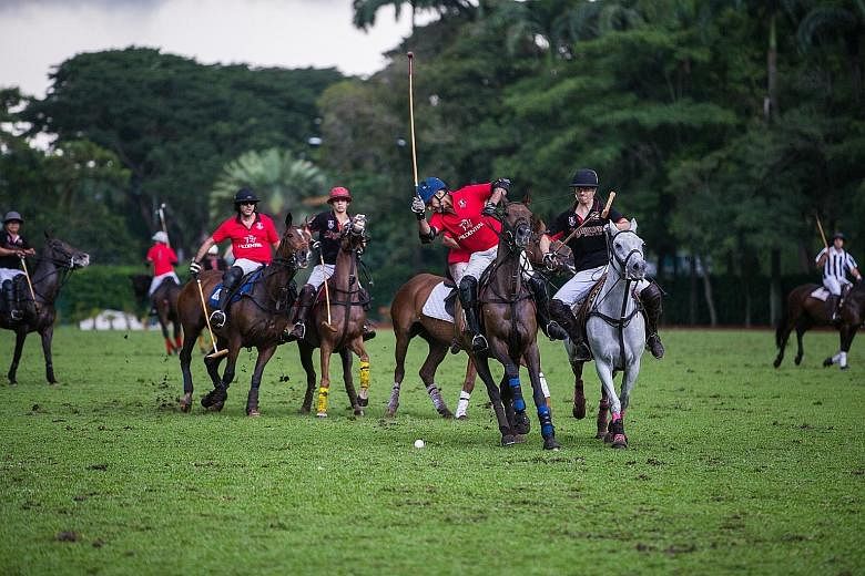 Iqbal Jumabhoy of the Singapore national team clearing his lines against Singapore Polo Club in the final of the SEA Games Challenge Trophy yesterday.
