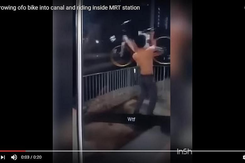 A Snapchat video showing a man hurling a yellow bicycle into a canal (left) late on Thursday night. He is then filmed riding around in an MRT station, said to be Punggol MRT station, on an ofo bike.