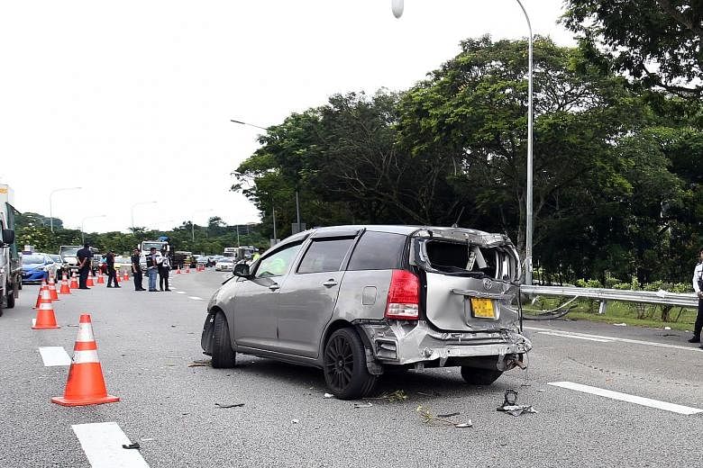 A multi-purpose vehicle went out of control and skidded at around 1.50pm near the Tampines Expressway exit on Sunday. It was rounding a bend when it slid and hit a metal barrier.