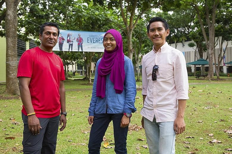 NTU-NIE Everest Team Singapore members Arjunan Saravana Pillai, 47, Nur Yusrina Ya'akob, 30, and Jeremy Tong, 26. Ms Yusrina was the only one of the trio who managed to summit Mount Everest last month. Mr Tong is now planning a second bid via the mor