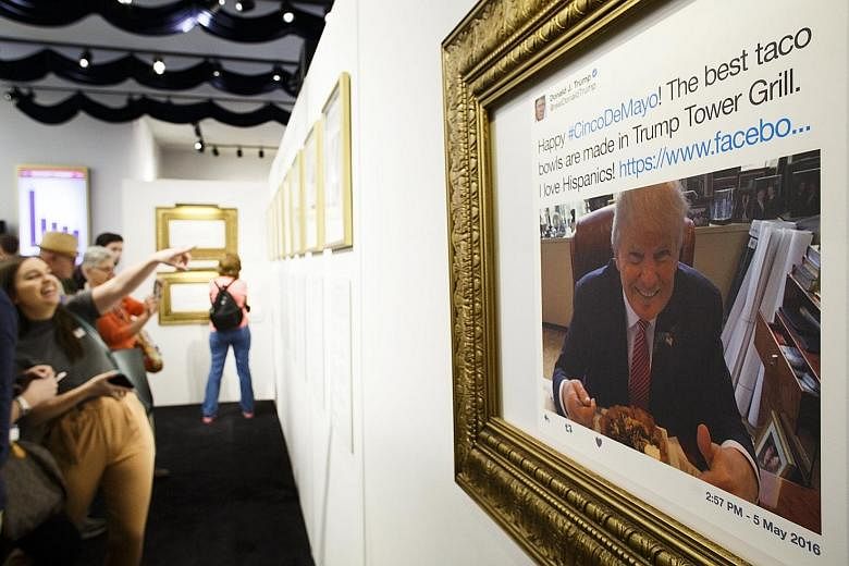 The Daily Show’s Donald J. Trump Presidential Twitter Library pop-up museum, launched last Friday in New York, features framed reproductions of the American leader’s most infamous tweets as well as exhibits. 
