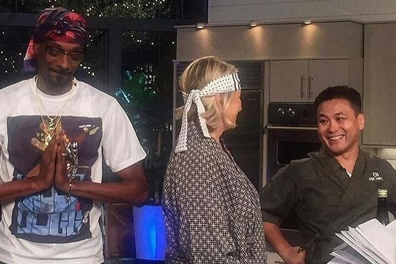 Chef Abe Hiroki (right) was featured on Martha & Snoop's Potluck Dinner Party, lifestyle queen Martha Stewart's show with rapper Snoop Dogg (both above).