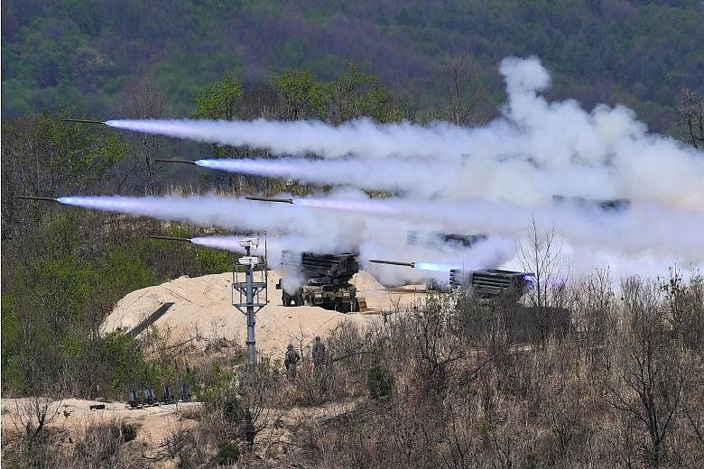 A live-firing drill held by South Korea and the US in Pocheon, north-east of Seoul, in April. North Korea's Ambassador to India Kye Chun Yong said on Wednesday that Pyongyang was willing to consider a moratorium on nuclear and ballistic missile tests