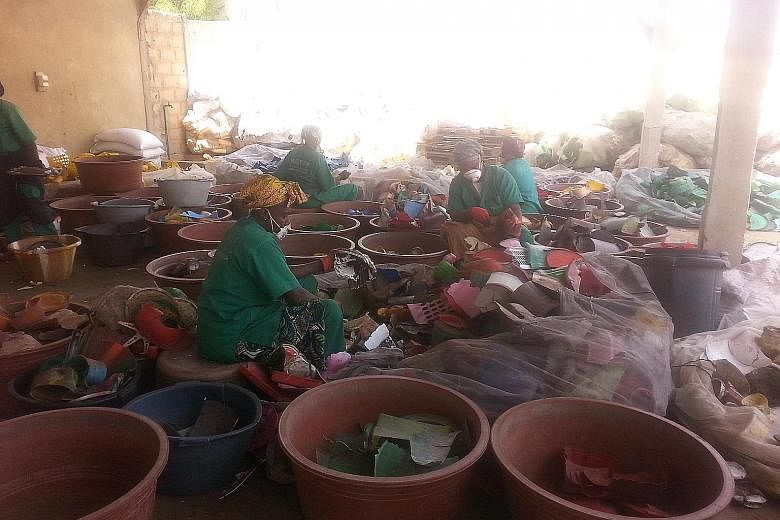 The sorting area at a Proplast centre in Senegal. The company, which employs more than 100 women, was able to prevent the emission of 273 tonnes of carbon dioxide into the air in just one year.