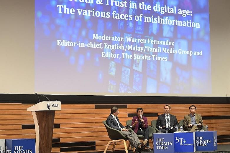 One of the sessions at the two-day forum was Truth and Trust in the Digital Age: The Various Faces of Misinformation, featuring (from left) Straits Times editor Warren Fernandez, who was the moderator, and speakers Maria Ressa, Jason Subler and Eugen