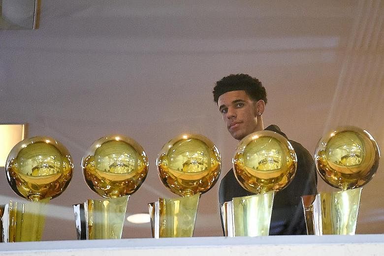 Point guard Lonzo Ball at a press conference, having been selected by the Los Angeles Lakers as the overall No. 2 draft pick.