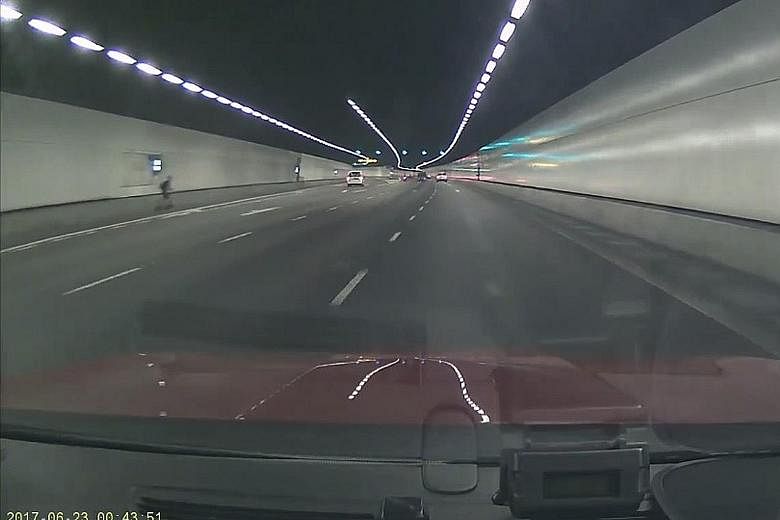 A video uploaded on the Roads.sg Facebook page shows a person riding an electric scooter along the road shoulder of a Kallang-Paya Lebar Expressway tunnel early last Friday morning.