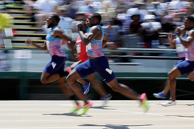 Christian Coleman chasing down Ameer Webb in the 200m final at the US championships at Hornet Stadium in Sacramento, California on Sunday, before losing out by a whisker.