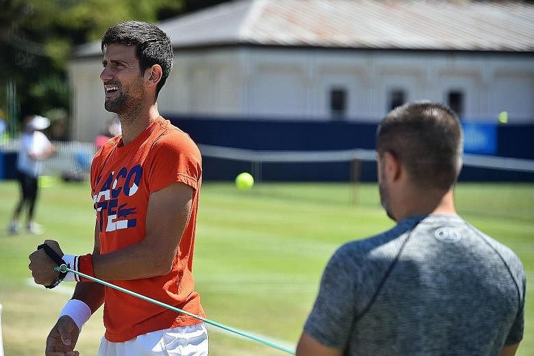Novak Djokovic undergoing strength training yesterday before tackling the Eastbourne International grass-court tournament ahead of Wimbledon.
