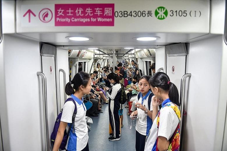 A "ladies first" carriage on the Shenzhen Metro, which introduced the service on four of its lines on Monday. The first and last carriages of every train on the four lines are now designated priority carriages for women.