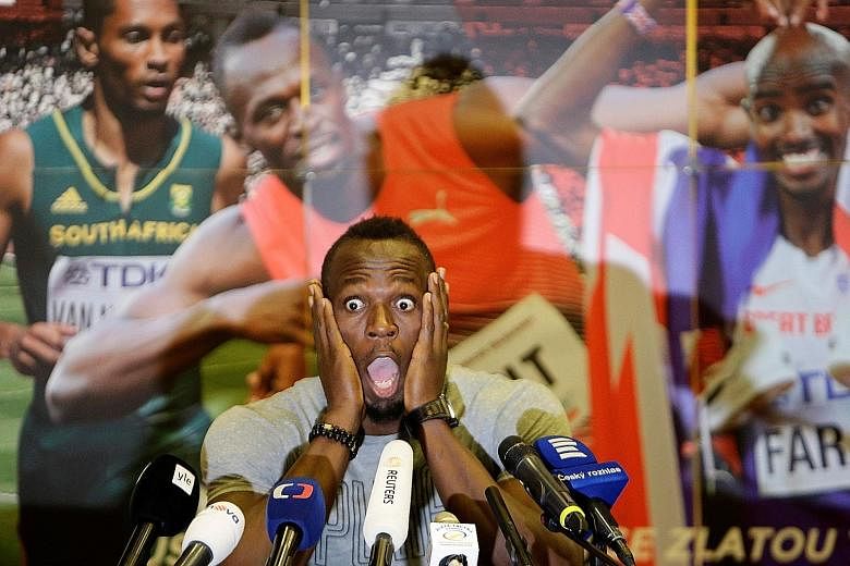 Eight-time Olympic champion Usain Bolt reacting in mock horror at a press conference for the Golden Spike meeting in Ostrava. The Jamaican sprint king will be using the race as warm-up ahead of August's world championships.