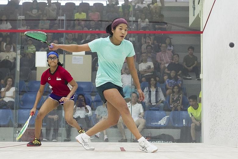 Singapore's Mao Shihui returning against her opponent Sneha Sivakumar at the SSRA National Squash Championships. She will be making her debut at the KL Games.