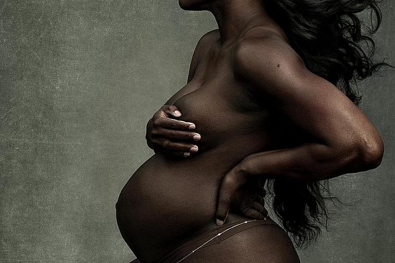Pregnant tennis star Serena Williams poses nude on the Vanity Fair cover. She took six pregnancy tests before the Australian Open, which she won for her 23rd Major singles title.